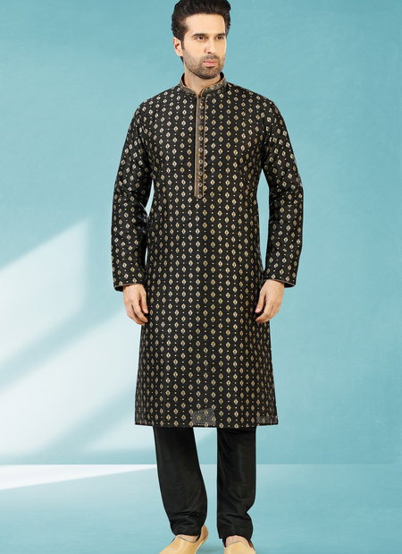 Black Colour Outluk New Latest Design Jacquard Silk Brocade Party Wear Kurta Pajama Mens Collection 1224-1041